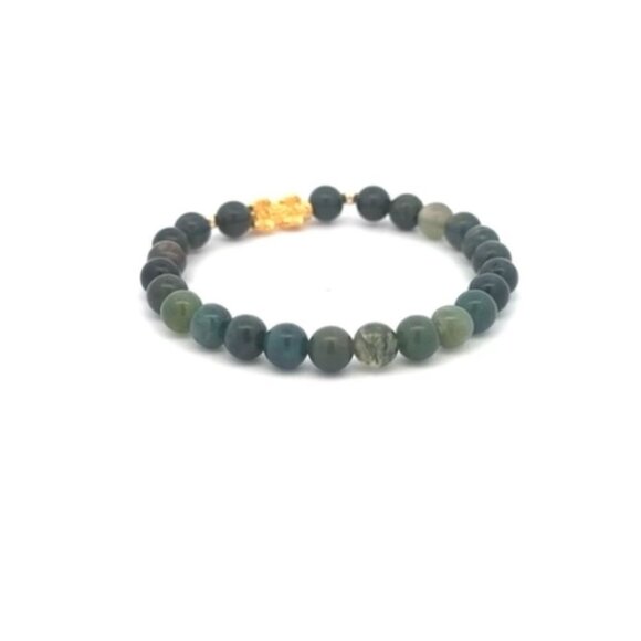 18K Gold Dragon Pixiu Piyao Lucky Charm Beads Bracelet Gemstones Moss Agate 6mm - Picture 4 of 4